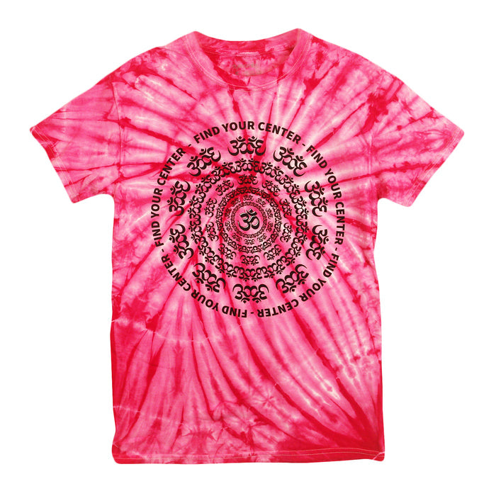 A red and white tie-dye T-shirt by Mantralogy/Gaura Vani, featuring black Om symbols in concentric circles and the phrase Find your center repeated around them.