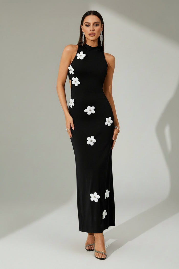 Floral Appliqué Cutout Maxi Dress