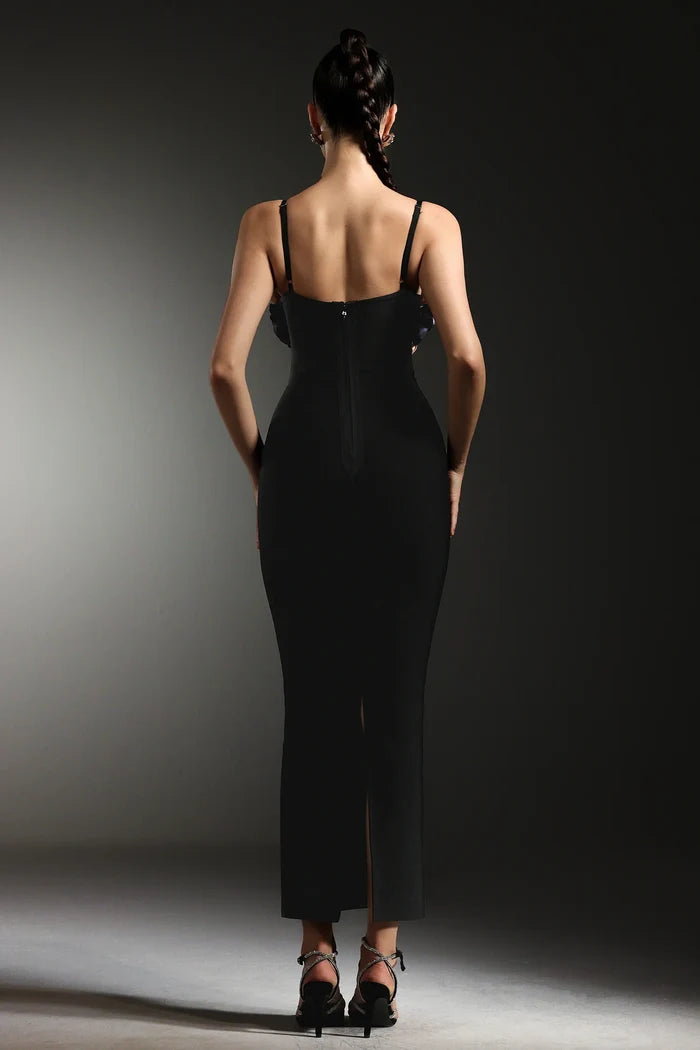 Floral Elegance Black Bodycon Gown
