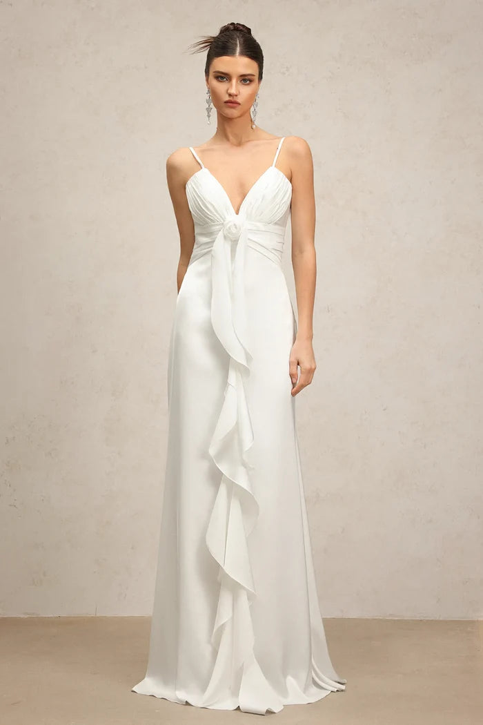 Florence White Ruffle Front Maxi Dress