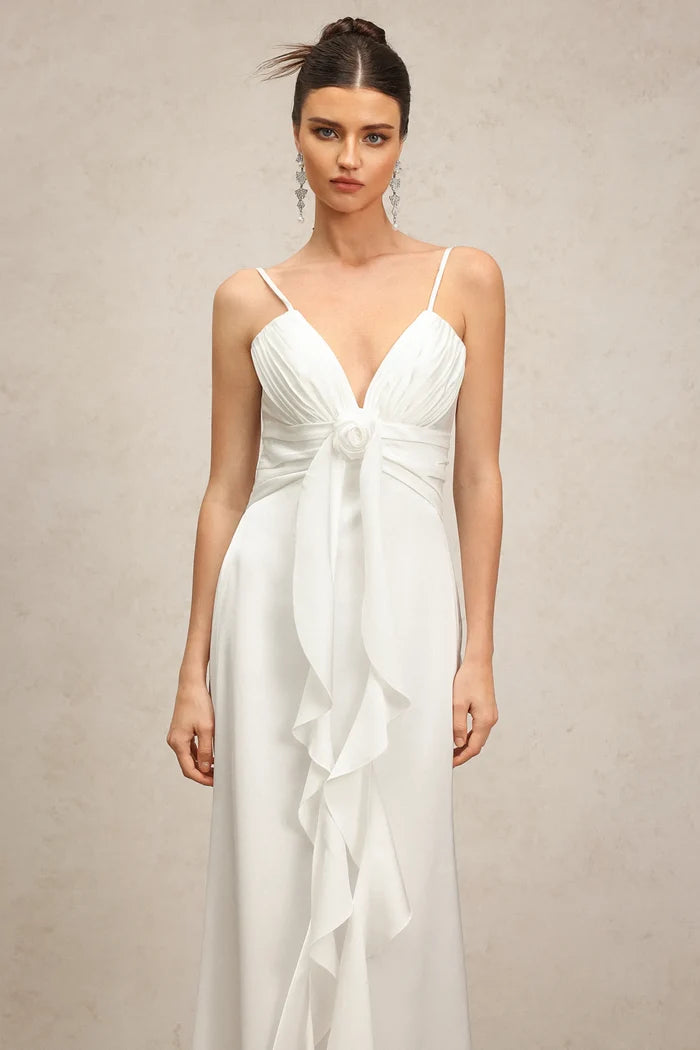 Florence White Ruffle Front Maxi Dress