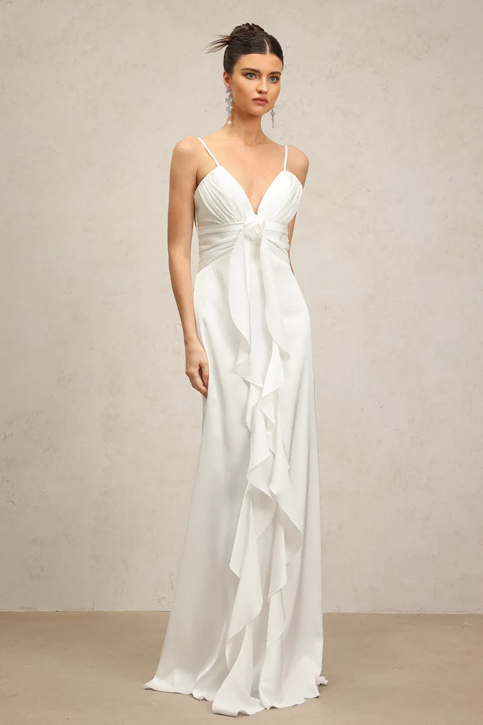 Florence White Ruffle Front Maxi Dress