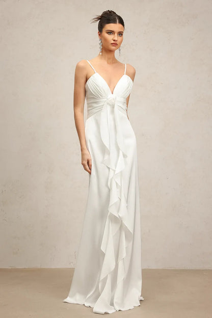 Florence White Ruffle Front Maxi Dress