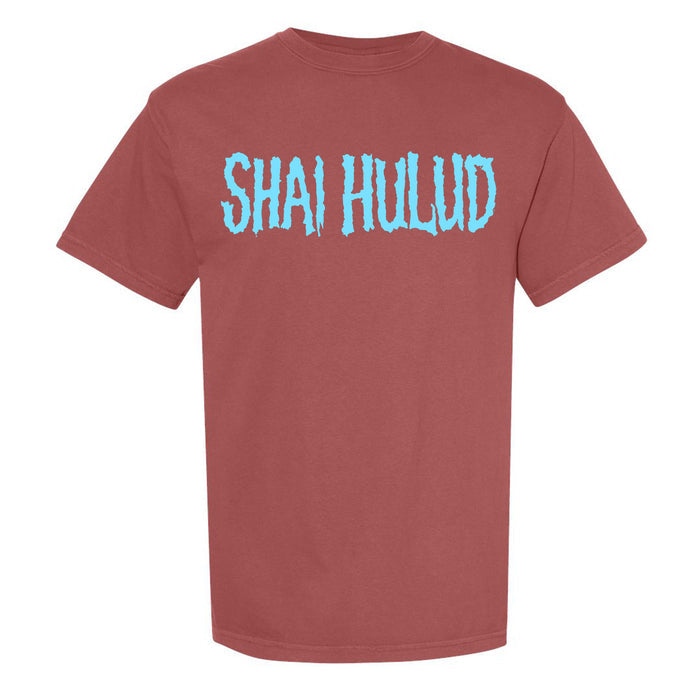 A brick color Comfort Colors t-shirt by Shai Hulud featuring large, light blue, textured SHAI HULUD lettering across the chest.