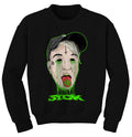 Stay Sick Clothing black crewneck with a graphic of a persons head, green slime from eyes and mouth, tongue out with green design, and SICK in neon green dripping letters below. Final print by Fronz Gore.