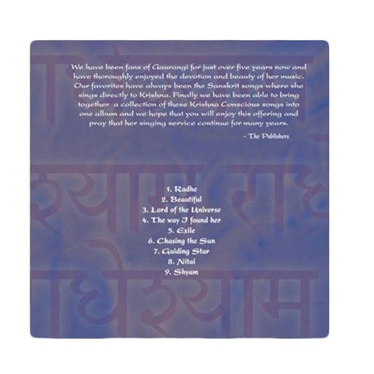 The blue album cover with white text by Mantralogy features Gaurangi’s Krishna Conscious and Sanskrit songs. Tracks include Radhe, Beautiful, Lord of the Universe, The Way I Found Her, Smile, Chasing the Sun, Guiding Star, Nital & Shyam.