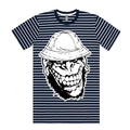 A navy and white striped Gorilla Biscuits t-shirt features a bold graphic of a grinning cartoon monkey in a safari hat on the front.