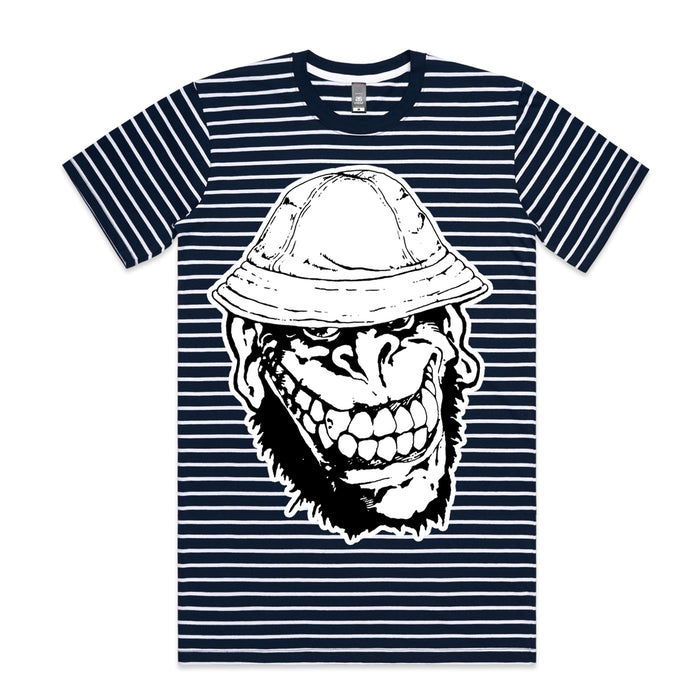A navy and white striped Gorilla Biscuits t-shirt features a bold graphic of a grinning cartoon monkey in a safari hat on the front.
