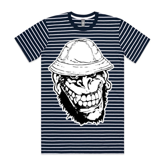 A navy and white striped Gorilla Biscuits t-shirt features a bold graphic of a grinning cartoon monkey in a safari hat on the front.
