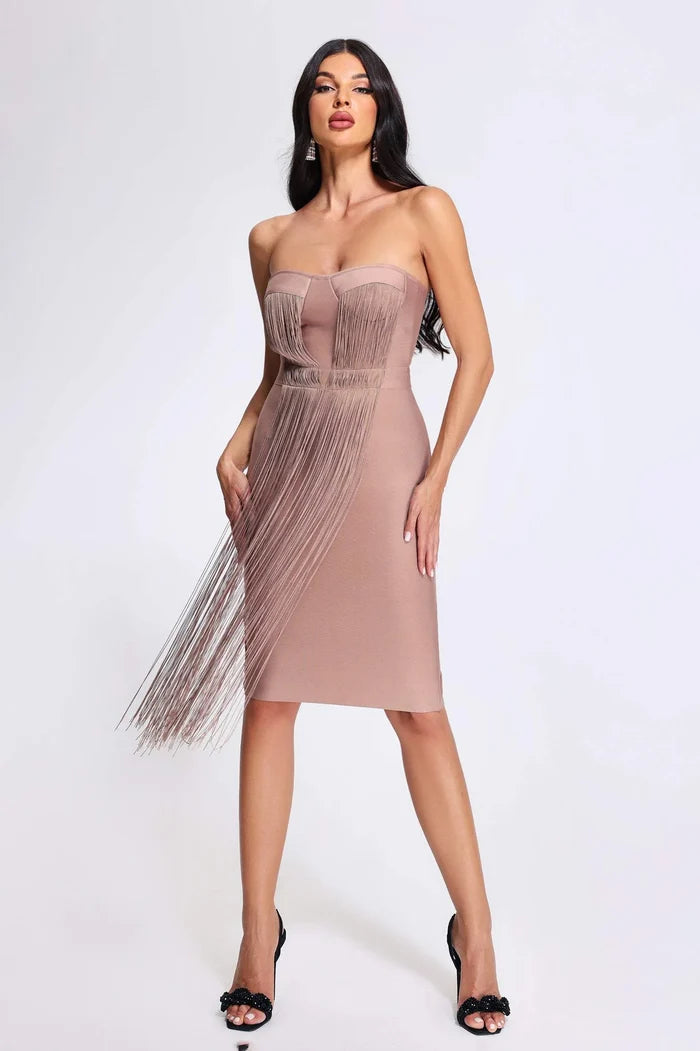 Gisella Nude Fringe Corset Midi Dress