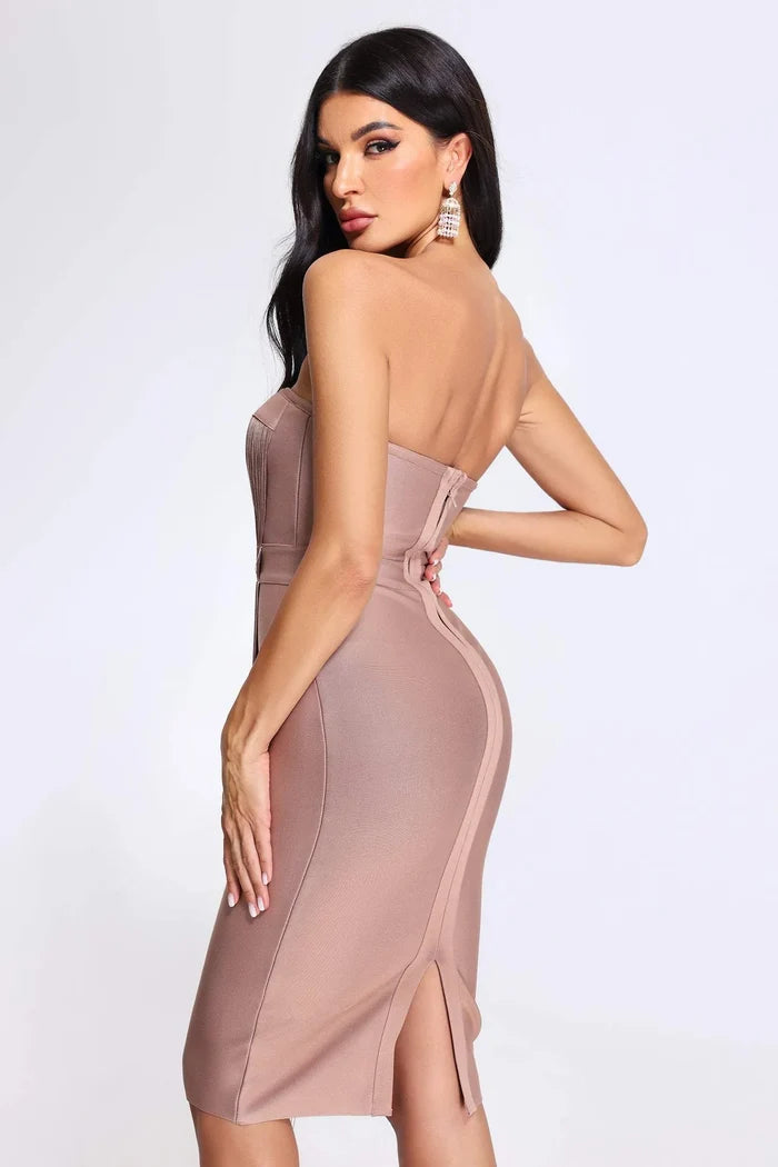 Gisella Nude Fringe Corset Midi Dress