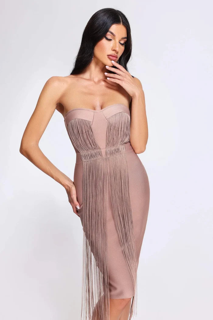Gisella Nude Fringe Corset Midi Dress
