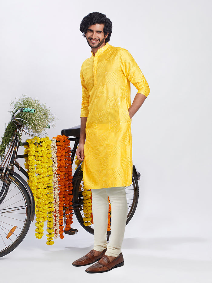 Golden Yellow Jacquard Kurta Churidar Set