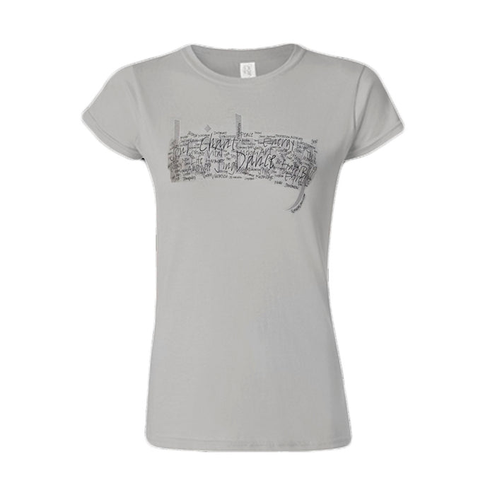 Mantralogy light gray fitted T-shirt with a black sketch-style graphic and handwritten kirtan music text across the chest, plus short sleeves and a round neck.