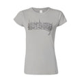 Mantralogy light gray fitted T-shirt with a black sketch-style graphic and handwritten kirtan music text across the chest, plus short sleeves and a round neck.