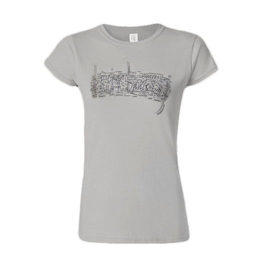 Mantralogy light gray fitted T-shirt with a black sketch-style graphic and handwritten kirtan music text across the chest, plus short sleeves and a round neck.