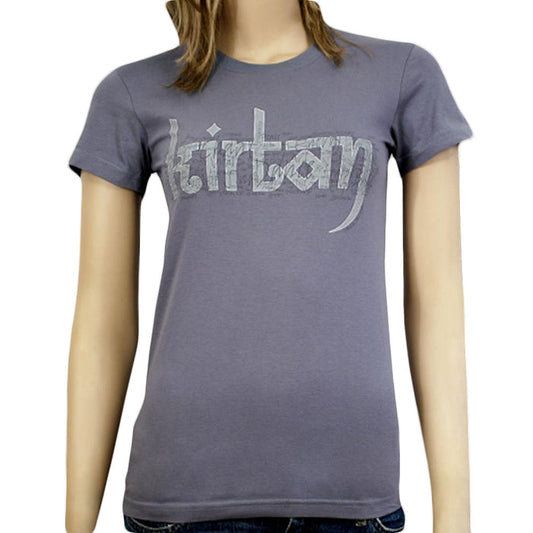 A person wears a fitted, short-sleeved gray Mantralogy t-shirt with Kirtan in bold, stylized letters across the chest. Face not visible. Perfect for fans of Womens T-Shirts and kirtan culture.