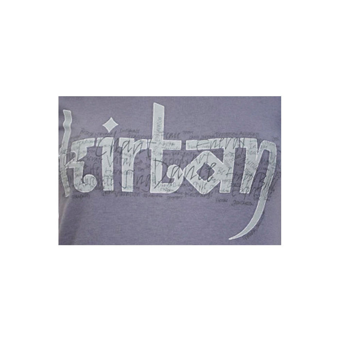 Gray Mantralogy womens t-shirt with kirtan in bold white and light blue letters on the chest, plus faint script text as a subtle background design.