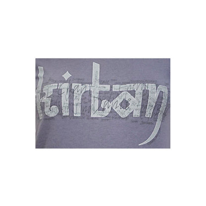 Gray Mantralogy womens t-shirt with kirtan in bold white and light blue letters on the chest, plus faint script text as a subtle background design.