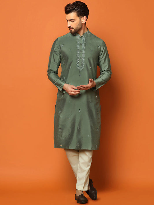Green Cotton Blend Embroidered Kurta Trouser Set