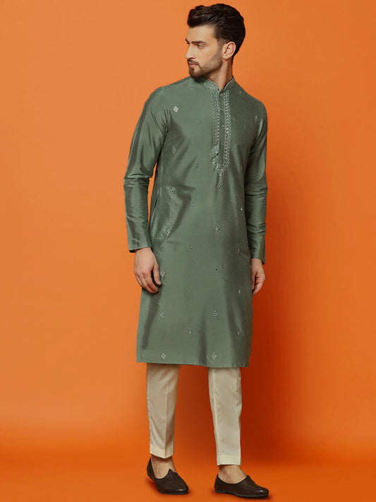 Green Cotton Blend Embroidered Kurta Trouser Set