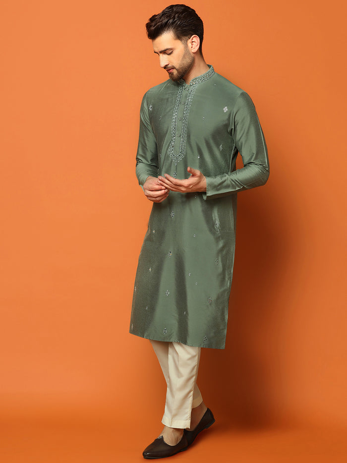 Green Cotton Blend Embroidered Kurta Trouser Set