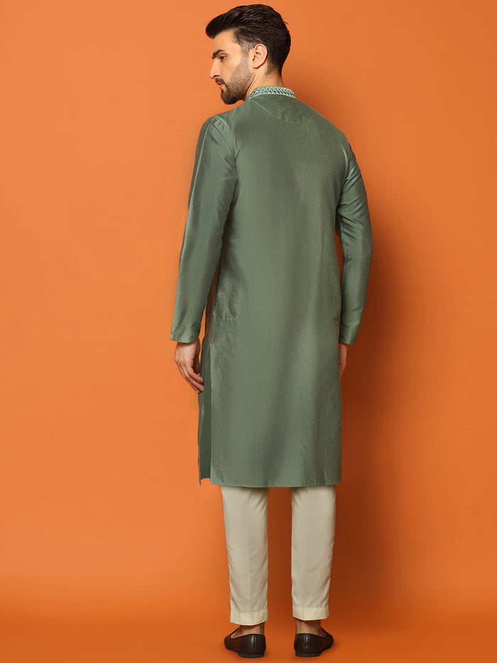 Green Cotton Blend Embroidered Kurta Trouser Set