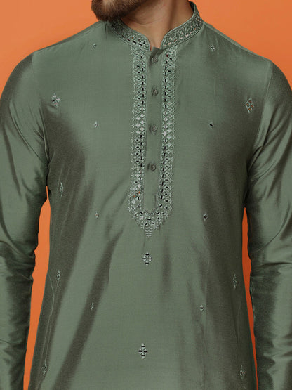 Green Cotton Blend Embroidered Kurta Trouser Set