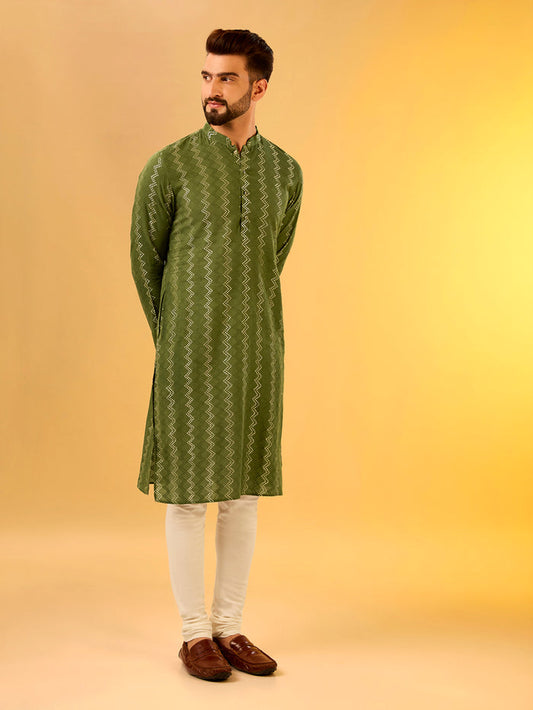 Green Printed Kurta Cream Churidar Set