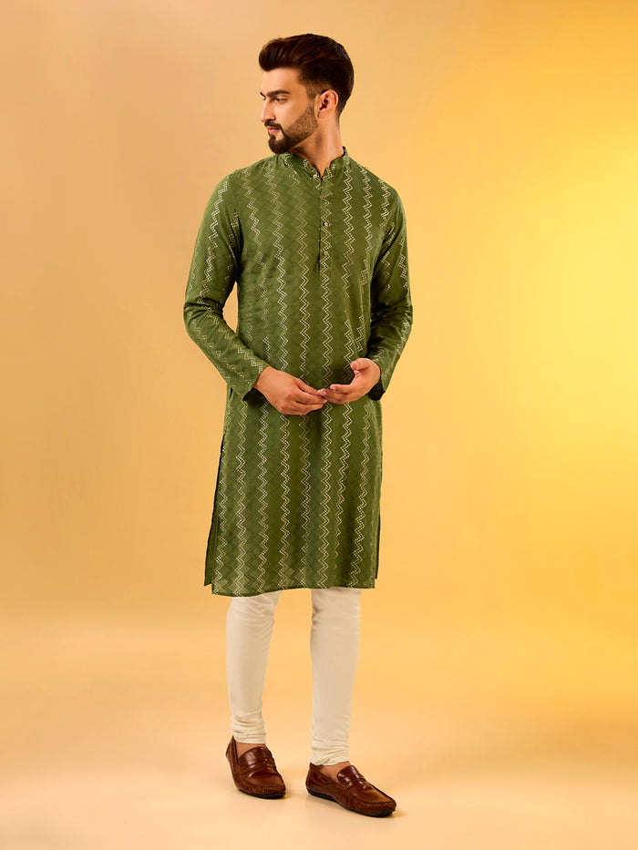 Green Printed Kurta Cream Churidar Set