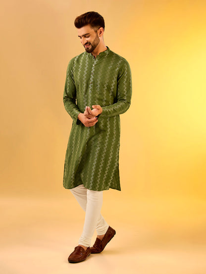 Green Printed Kurta Cream Churidar Set