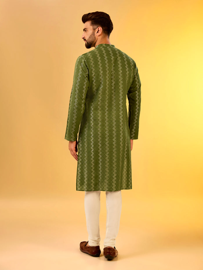 Green Printed Kurta Cream Churidar Set