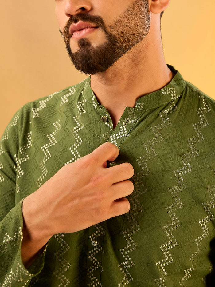 Green Printed Kurta Cream Churidar Set
