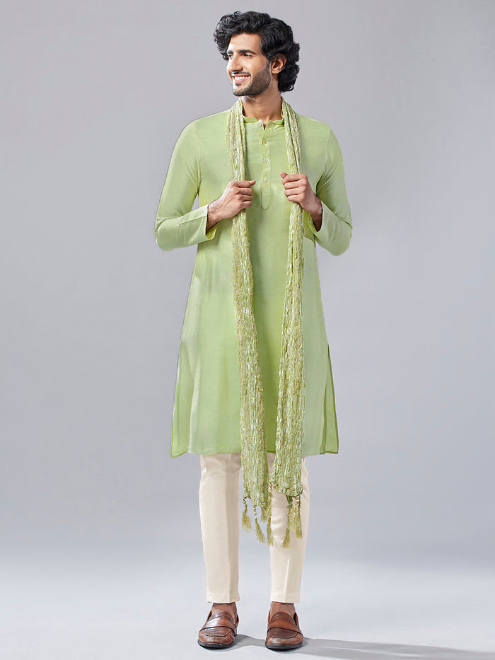 Green Silk Blend Kurta Trouser with Textured Dupatta