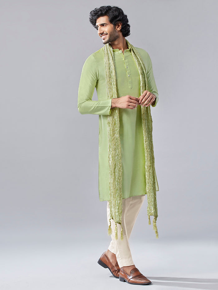 Green Silk Blend Kurta Trouser with Textured Dupatta