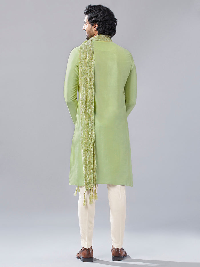 Green Silk Blend Kurta Trouser with Textured Dupatta