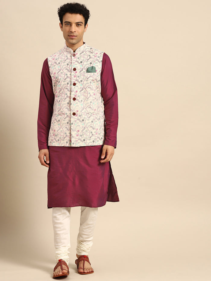 Green Silk Blend Kurta with Beige Multicolor Printed Nehru Jacket set