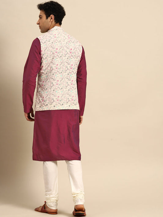 Green Silk Blend Kurta with Beige Multicolor Printed Nehru Jacket set