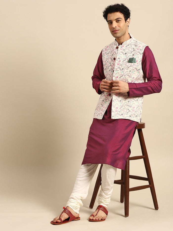 Green Silk Blend Kurta with Beige Multicolor Printed Nehru Jacket set