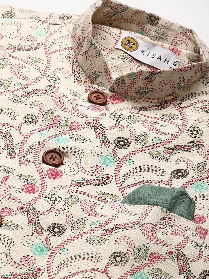 Green Silk Blend Kurta with Beige Multicolor Printed Nehru Jacket set