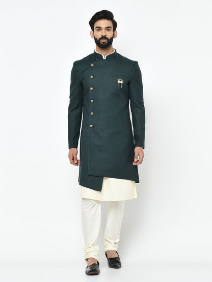 Green Silk Blend Solid Sherwani Achkan Churidar