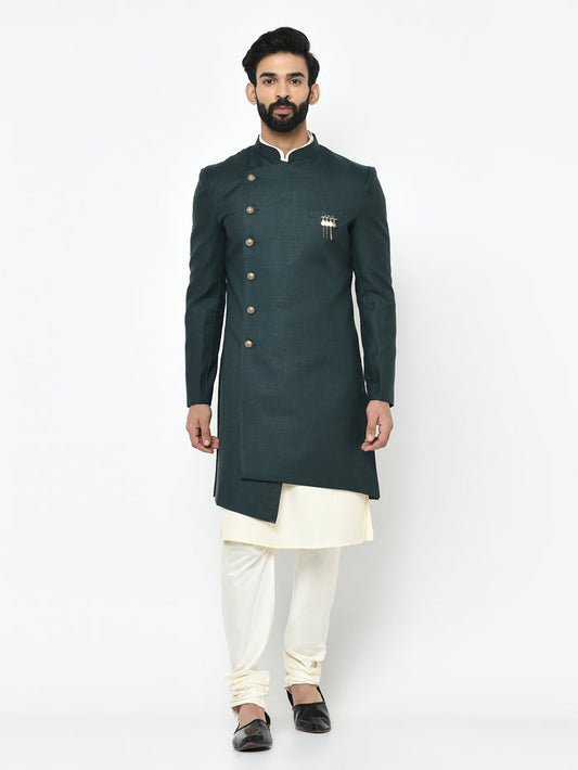 Green Silk Blend Solid Sherwani Achkan Churidar