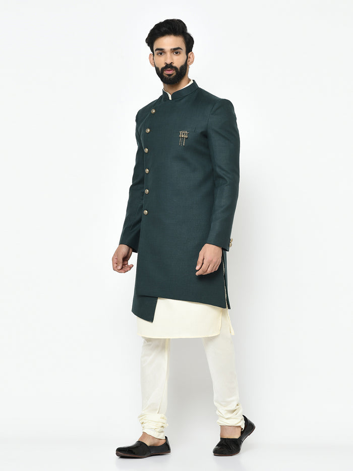 Green Silk Blend Solid Sherwani Achkan Churidar