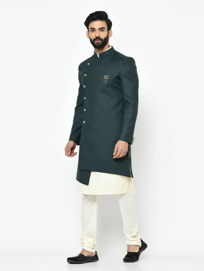 Green Silk Blend Solid Sherwani Achkan Churidar