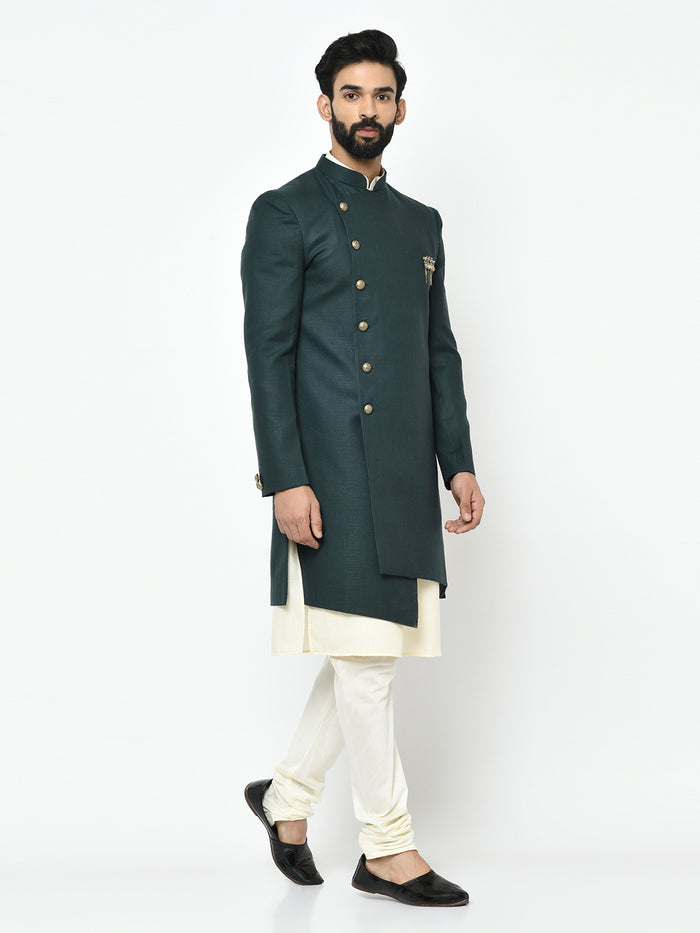 Green Silk Blend Solid Sherwani Achkan Churidar