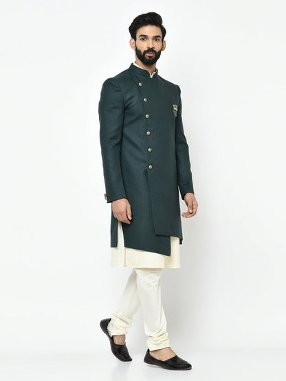 Green Silk Blend Solid Sherwani Achkan Churidar