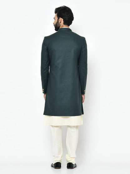 Green Silk Blend Solid Sherwani Achkan Churidar