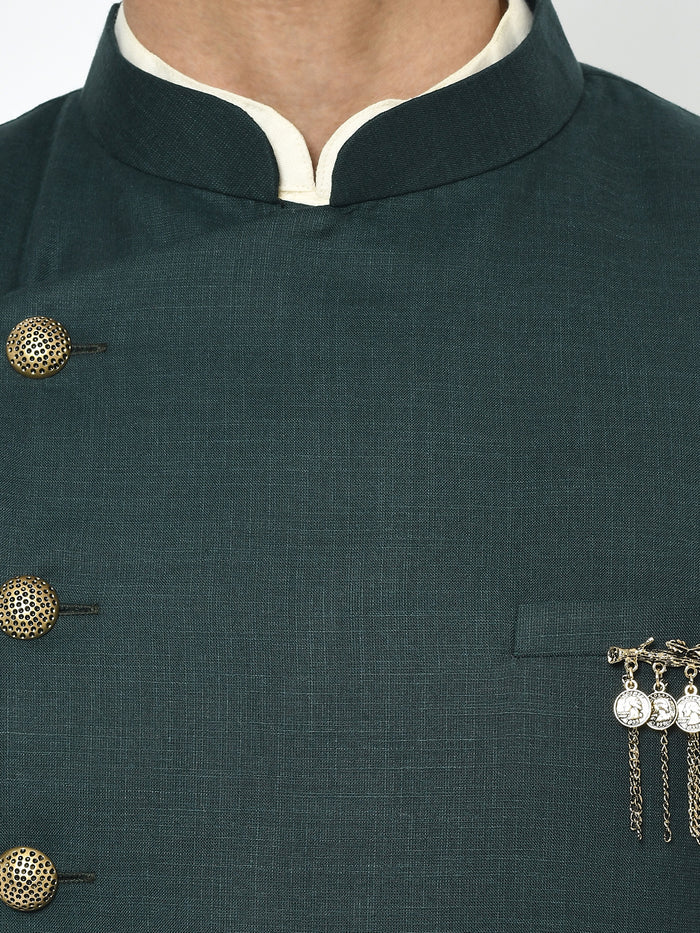 Green Silk Blend Solid Sherwani Achkan Churidar