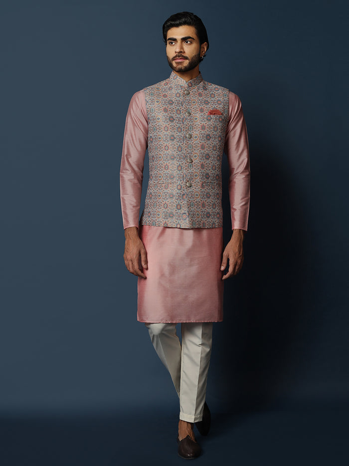 Grey Printed Silk Blend Nehru Jacket Kurta Trouser Set