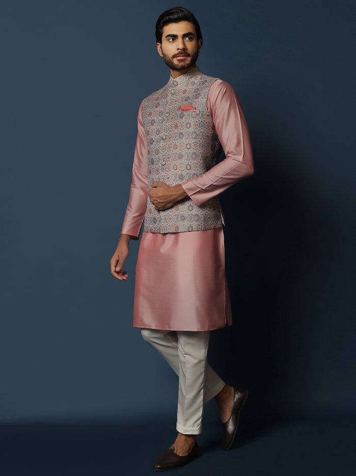 Grey Printed Silk Blend Nehru Jacket Kurta Trouser Set